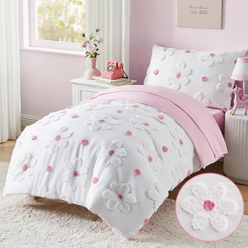 Image of Toddler Bedding Set for Girls 4-Piece Pink Boho Tufted Daisy Flowers Toddler Comforter Set Bed-in-a-Bag Toddler Sheets Bedroom Set with Toddler Comforter, Flat Sheet, Fitted Sheet, Pillowcase