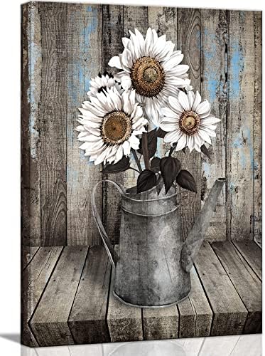 Framed Rustic Farmhouse White Sunflower Wall Art Decor for picture print Floral Vintage Wood Grain Canvas Artwork for Living Room Bedroom Bathroom Office Hotel Modern Home 16x24inch