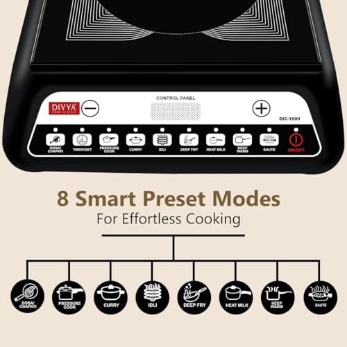 Image of DIVYA 1600 W Induction Cooktop for Home | Indian Cooking Functions | Over Heating Protection | Voltage Control Technology | Energy Efficient Induction Stove | Black
