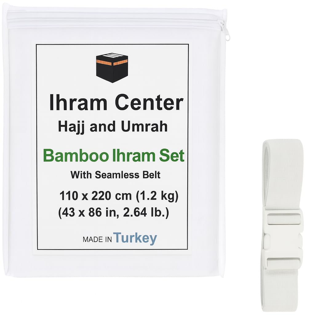 Ihram pour Homme – Ensemble de Serviettes 2 Pièces pour le Hajj et la Omra – Bambou Coton Naturel – Doux, Sans Couture – Ahram Ehram 110X220 cm (Bambou Avec Ceinture)