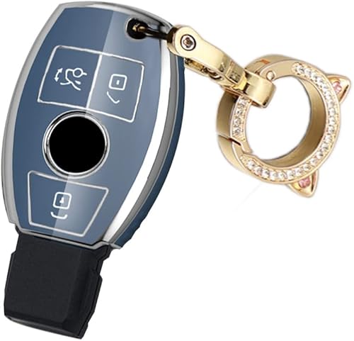 ontto Funda para llavero Benz para Clase A C E S, carcasa de TPU suave con borde plateado para GLK CLA GLA GLC GLE CLS SLK AMG Series Gris-Azul