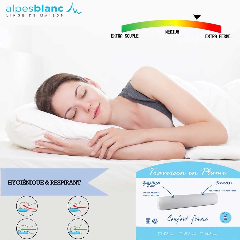 Alpes Blanc - Traversin de plumas de pato - 180 cm - Soporte medio firme y un hogar esponjoso - Confort y calidad francesa