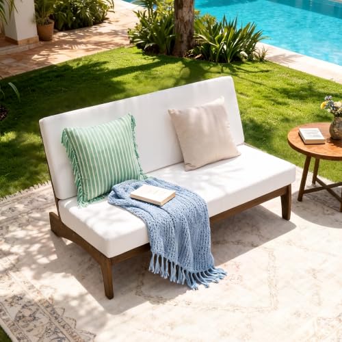 Image of Pia Ricoo Outdoor Loveseat Patio Furniture Sofa, Teak Wood Outdoor Furniture for Balcony, Deck, Poolside, Porch - Beige