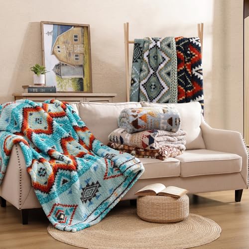 CASAAGUSTO Boho Sherpa Blanket,Teal Aztec Twin Blanket, Ultra Soft, Warm, Cozy, Plush, Thick Fleece Western Blanket for Couch, Bed, Sofa (Aqua 60 * 80 Inch)