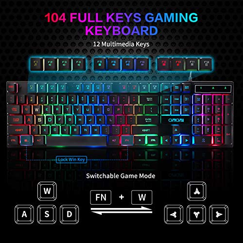CHONCHOW Gaming Keyboard Mouse and Gaming Headset and Mouse Pad Combo, Rainbow LED Backlit USB Wired, All in 1 PC Gamer Bundle for PC, Tablet, Mobile Phones
