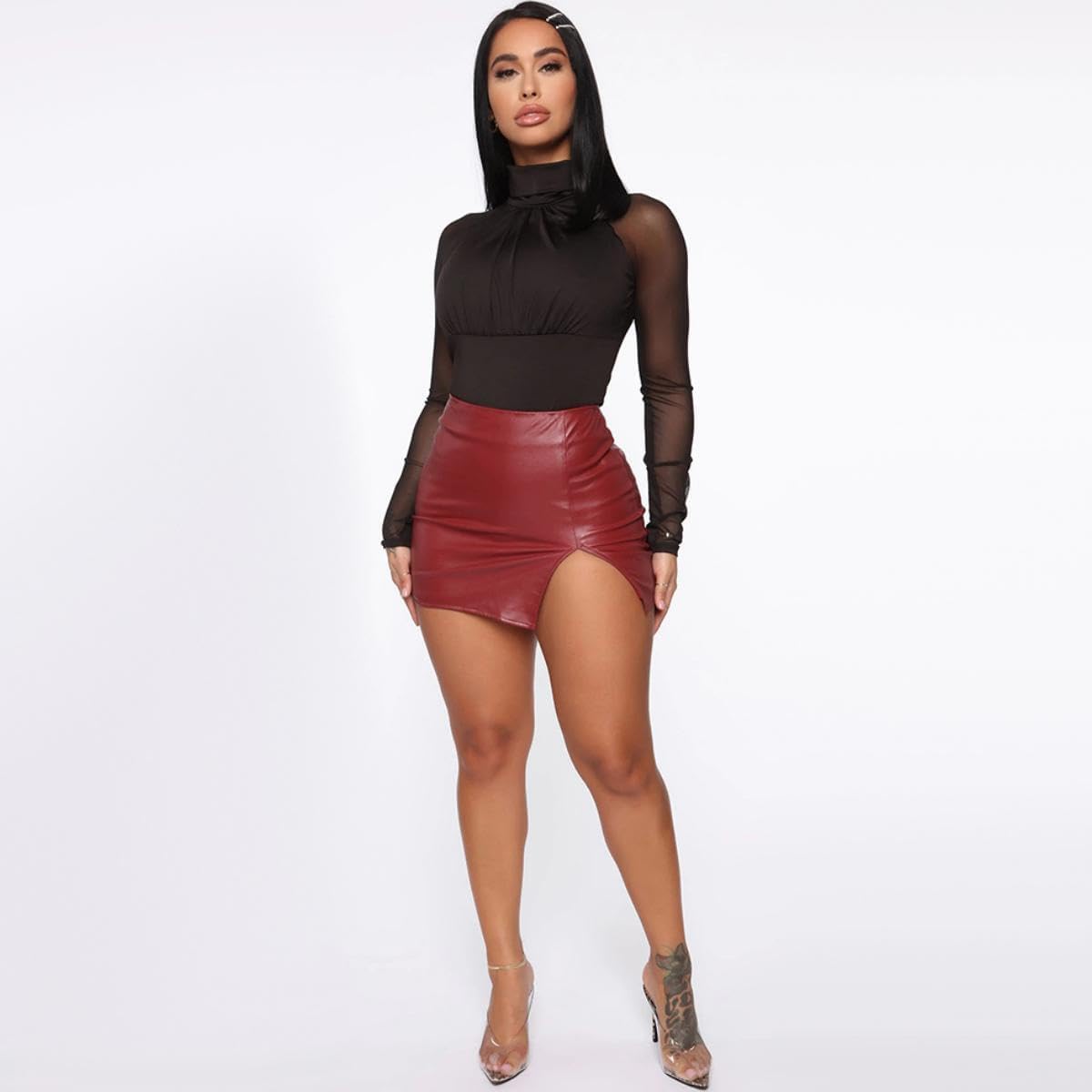 Women PU Leather Bodycon Short Skirt High Waisted Stretchy Asymmetrical Split Hem Hip Wrap Mini Skirt - Image 2