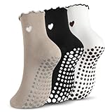 Zuimei 3 Pairs Non Slip Socks for Women 3 Color Heart Embroidery Print Pilates socks for Yoga Barre Home Workout Hospital (Khaki,Black,White)