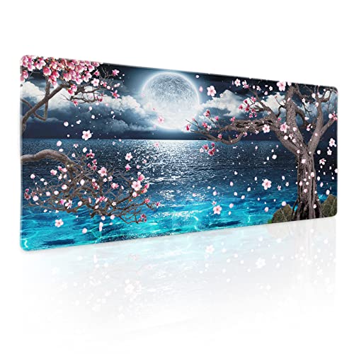 Image of Pink Cherry Blossom Gaming Mouse Pad XL Sakura Tree Blue Ocean Moon Night Extended Big Large Desk Mat Non-Slip Rubber Base Stitched Edge Long Keyboard Mousepad for PC Computer Laptop,31.5x11.8 in