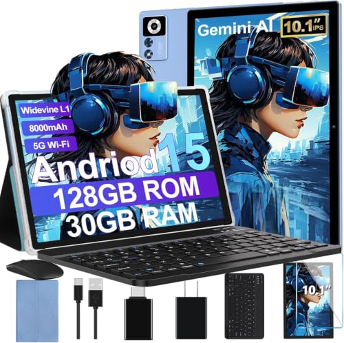 Image of 2026 Android 15 Tablet with Keyboard | Gemini AI, 30GB+128GB Octa-Core Electronics Tablets w / 10 Inch IPS HD Display, 8000mAh, 5G WiFi, 1TB Expand, Mouse+Case, BT 5.0, Widevine L1, Metal Body -Blue