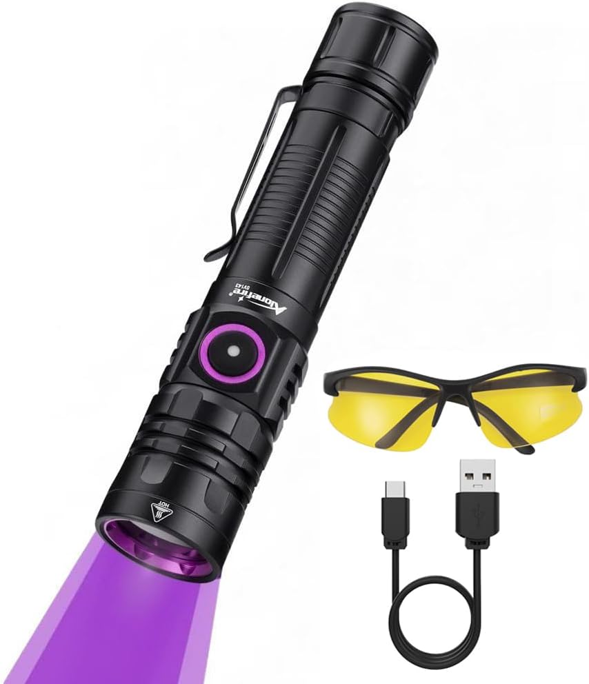 ALONEFIRE SV143 365nm UV Flashlight 10W Type C USB Rechargeable Black Light Money Detector for Resin Curing, Pet Urine Detection, Scorpion, Fishing, Minerals, Leaks with Battery, UV Protective Glasses