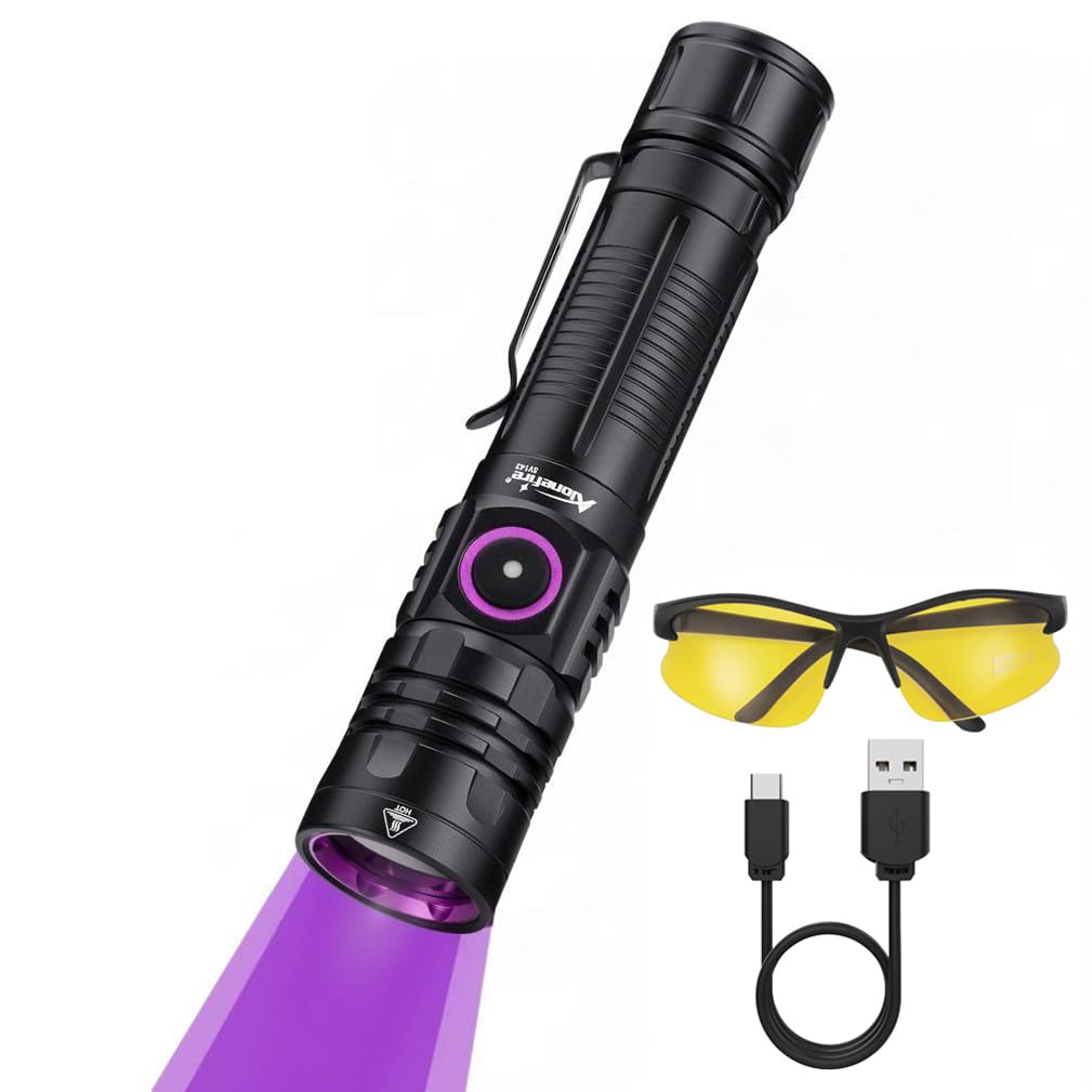 Alonefire SV143 Linterna UV 365nm 10W Profesional Recargable USB C Potente Luz Negra Detector de Orina para Resina, Pesca, Escorpión, Minerales, Pegamento, Ámbar con Gafas Protectoras UV, Batería