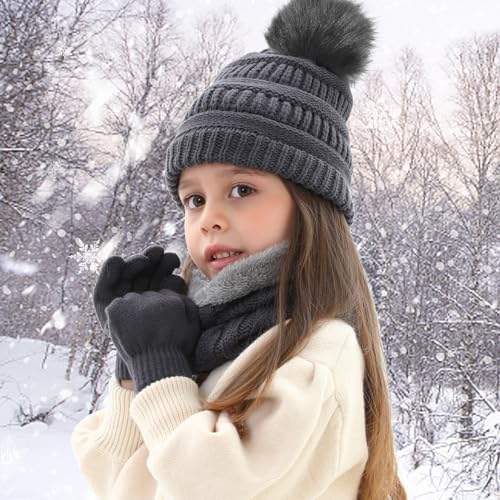 Image of Kids Winter Beanie Hat Scarf Gloves Set for 3-8 Years Old Boys Girls, Thick Warm Knitted Hat Gloves Fleece Lined Scarf Set