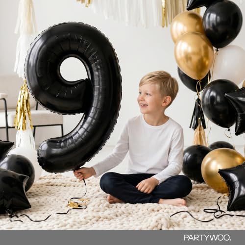Image of PartyWoo Black Number 9 Balloon 40 Inch 25pcs Black Foil Star White Gold