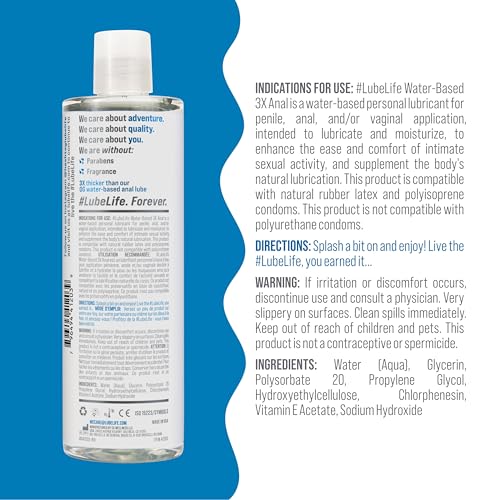 Image of LUBELIFE 3X Anal Lubricant, Thicker Water-Based lube for Men, Women and Couples, Extra Protection, Non-Sticky, Smooth Glide, 12 Fl Oz