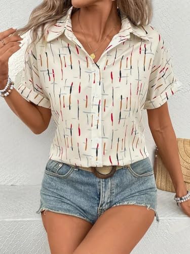Image of Gufrina Women's Short Sleeve Button Down Shirt with Abstract Brushstroke Print in Beige and Multicolor - Lightweight Casual Summer Top for Relaxed Fit