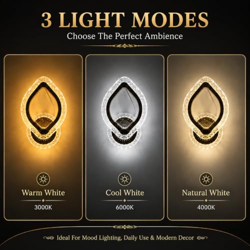 Image of Luxury Crystal LED Wall Light, 3 Colour Change LED (Warm White /Natural White /Cool White), Modern Decorative Wall Lamp with Crystal Accent for Living Room, Bedroom, Hallway & Home Decor