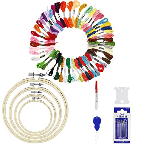 Fils à Broderie Kit, 50 Couleurs de Fil à Broder, 4 Cercles de Broderie en Bambou, Aiguilles à Coudre, Kit de Point de Croix pour Bricolage Adulte Débutant
