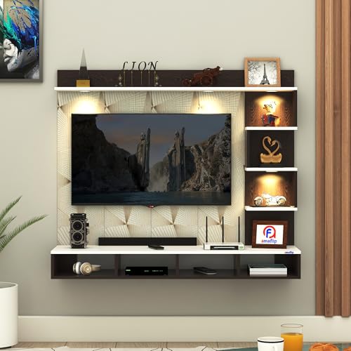 Image of Laura Engineered Wood Wall-Mount TV Unit with Printed PVC Back Panel & LED Lights | TV Cabinet with Storage Box & Decorative Shelves (Wenge /White) for TVs up to 43 Inch | DIY Installation