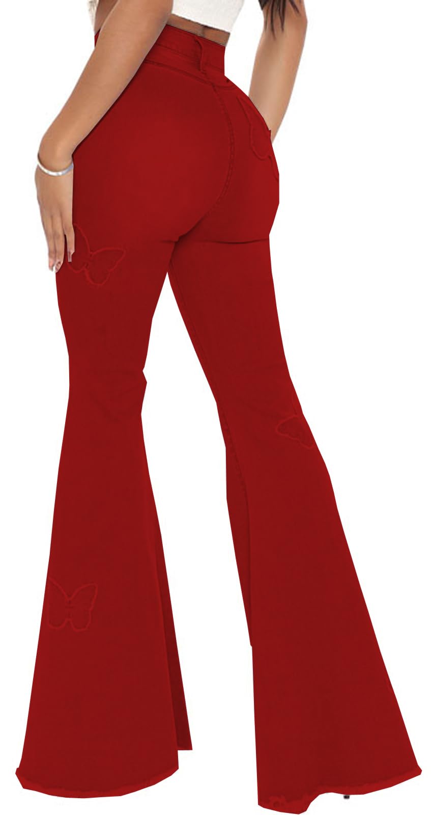 Women's Butterfly Bell Bottom Jeans Elastic High Waisted Embroidered Classic Flareed Jeans Raw Hem Denim Pants with Pocket