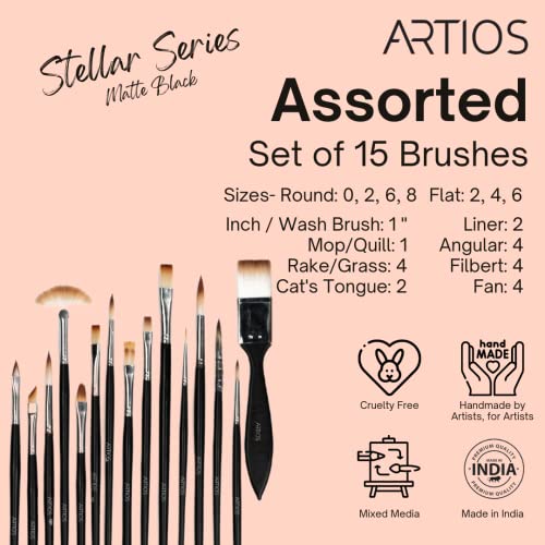 ARTIOS Handmade Professional Artist Painting Brush Set for Acrylic, Watercolor, & Gouache Painting with Brush Holder - Cruelty-Free (15 Assorted Brushes)(Wood), Synthetic Bristle (Image - 5)