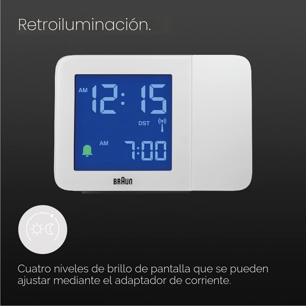 Braun Reloj Despertador Digital con radiocontrol Huso horario de Europa Central (DCF) con 4 Opciones de retroiluminación, Pantalla LCD Negativa, Ajuste rápido, Blanco, Modelo BC15W-DCF