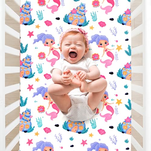 Image of JISEN Baby Crib Sheets - Soft Breathable Fitted Sheet for Standard Crib and Toddler Mattress, Baby Bed Sheets for Boys Girls Neutral, 52x28 Inch, White Mermaids