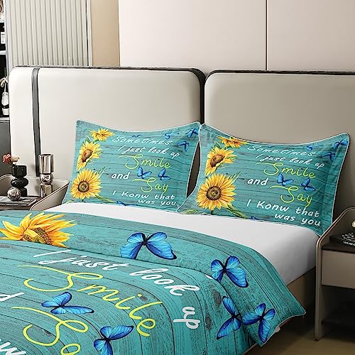 Sunflower Cotton Duvet Cover Set Butterfly Sunflower Bedding Set for Kids Boys Girls Yellow Flower Comforter Cover Green Wooden Texture Duvet Set Double Size - Image 3