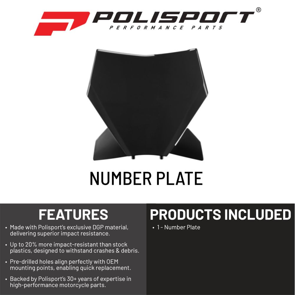Polisport Motocross Motocross (MX) Plaque d'immatriculation pour KTM SX125/150/250/300, SXF250/350/450, XC125/250/300, XCF250/350/450 (2023-2025), haute résistance aux chocs, noir