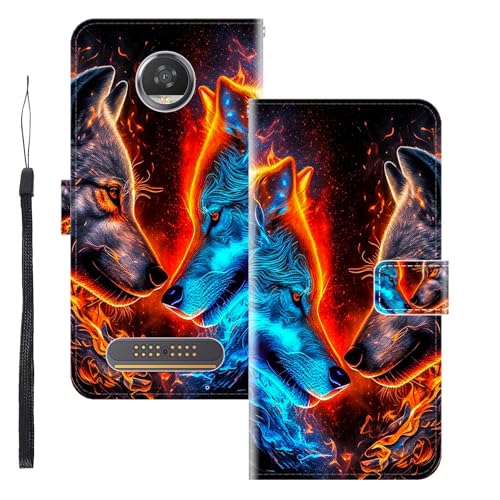 WUACYEAMING Funda para Moto z2 Play,con Soporte/Ranura de Tarjeta Cubierta Premium Magnético Suporte TPU Protectora Fundas PU Cuero Flip Multifuncional Dos Lobos