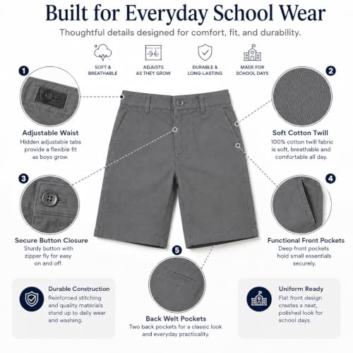 Image of Bienzoe Boys School Uniform Shorts: Flat Front Cotton Bermuda - Adjustable Waist - Breathable for Church Outdoor - Aged 4-13