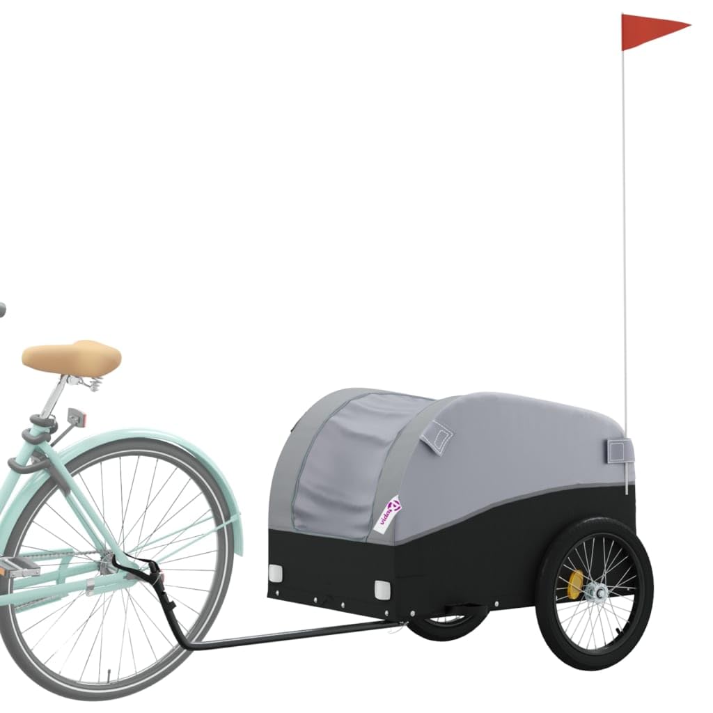Fahrradanhänger Schwarz und Blau aus Eisen mit Oxford-Gewebe, Traglast, x x, Deichsel und Sicherheitsflagge für Gepäck, Einkauf, Outdoor und Familie