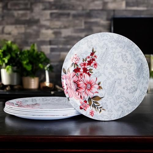 Image of Melamine Quarter Plates | Round Half Plate Serving Set| Break Resistant | Plates for Snacks, Lunch, Dinner | Plates for Home, Office, Restaurant | Set of 6 | 7 Inch's (Red Flower)