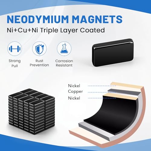 Image of MIKEDE 110 Pcs Magnets, Waterproof Strong Neodymium Bar Magnets with Epoxy Coating and Adhesive, Rare Earth Magnet, Strong Magnet Heavy Duty for Tool Room, Kitchen, Whiteboard - 0.39 x 0.19 x 0.08 in