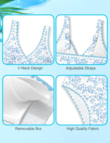 Image of KANGKANG Girls Swimsuit Bikini Set Solid Color V-Neck Two Piece Bathing Suit with Chest Pad Adjustable Straps Swimwear 7-16T