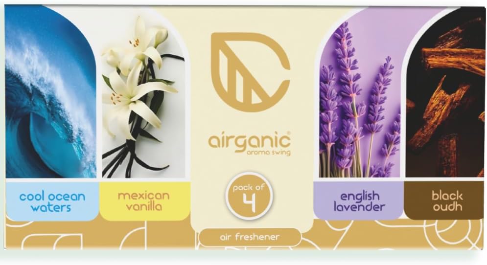 Aroma Swing - Pack of 4 (40 ml) - Combo: Cool Ocean, Mexican Vanilla, Lavender & Black Oudh Car Perfume | Aroma Essential Oils in Glass Bottle with Wooden Diffuser Lid | Car Accessories 2025