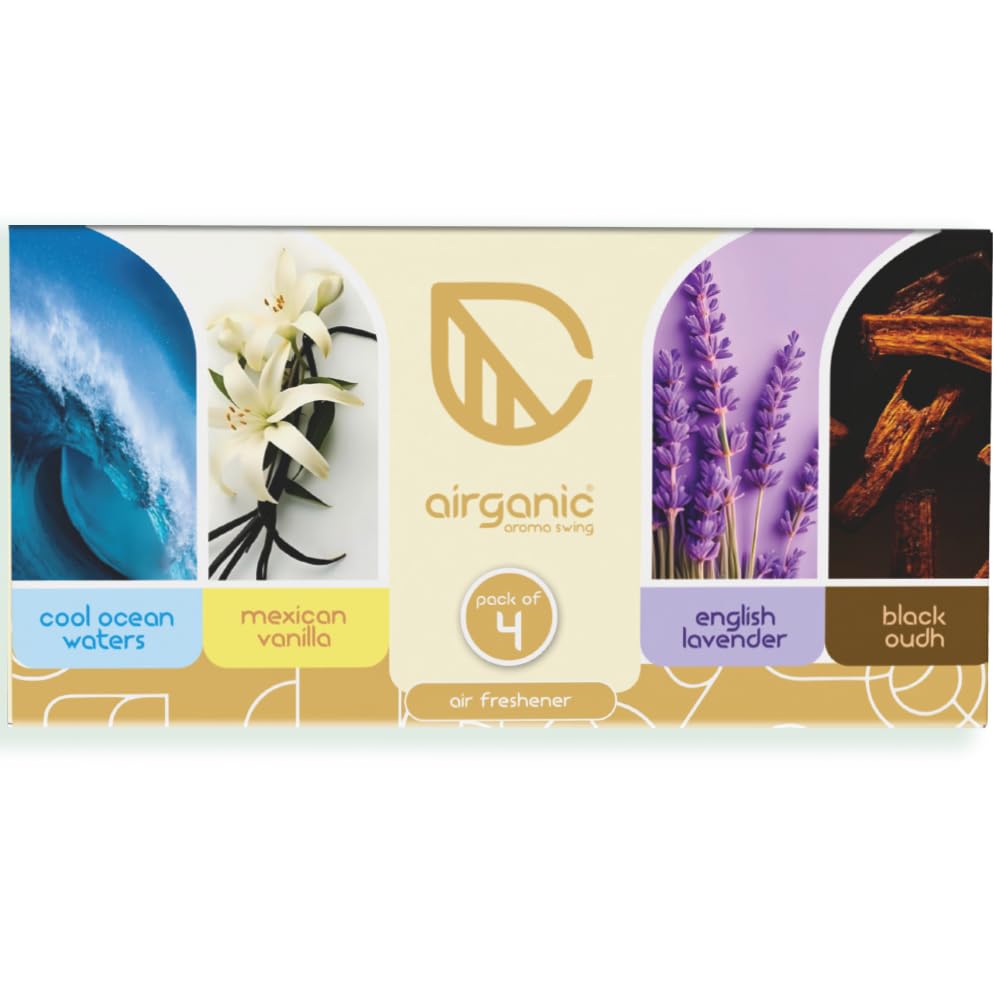 Aroma Swing - Pack of 4 (40 ml) - Combo: Cool Ocean, Mexican Vanilla, Lavender & Black Oudh Car Perfume | Aroma Essential Oils in Glass Bottle with Wooden Diffuser Lid | Car Accessories 2025