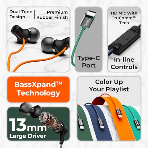 Image of Zing Type-C Wired Earphones with HD Mic, BassXpand Technology, 13mm Dynamic Drivers, IPX4 Water Resistant, Magnetic Earbuds, in-Line Controls, 1.2m Cable - Midnight Blaze