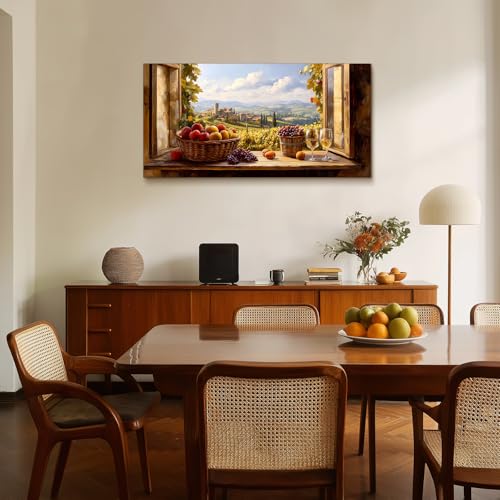 crmotu Faux Window Rustic Wall Art, Fruit Harvest Kitchen Wall Decor, Vineyard Landscape Large Art Prints, Orchard Beyond the Windowsill Pictures for Living Room Dining Room Bedroom 24x48 Inch