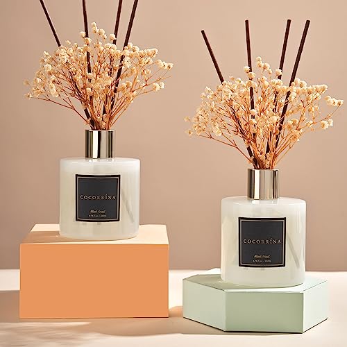 Image of Cocorrina Premium Reed Diffuser Set with Preserved Baby's Breath & Cotton Stick Black Forest 2 Packs, 6.7oz Scent Fragrance Oil Diffuser for Bedroom Bathroom Home Decor