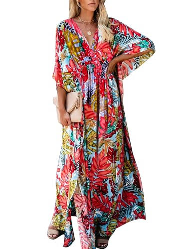 Image of Moss Rose Kaftan Dresses for Women V Neck Summer Swimsuit Cover up Caftan Maxi Beach Dresses