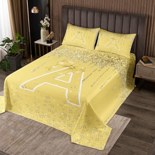 jejeloiu Bow Bedspread,King Size,Personalized Letter A Coverlet Set for Kids Boys Girls,Glitter Diamond Pattern Quilted Coverlet,Monogrammed Bedspread Cover,Bedroom Decor,Yellow