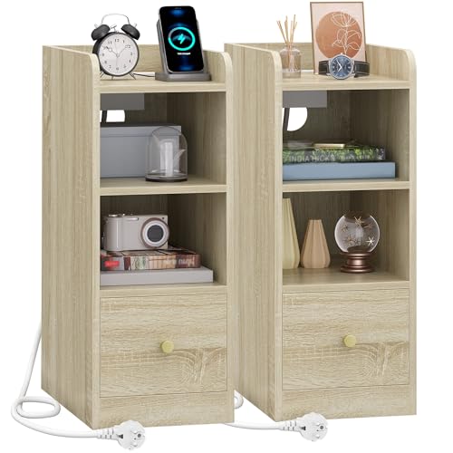 Hzuaneri Nachttisch 2er Set, Schmal, Beistelltisch mit Ladefunktion, USB & Type C Anschlüsse, Nachttische mit 3 Etagen Stauraum, 1 Schublade, für...