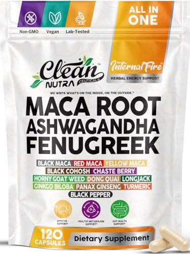 Clean Nutraceuticals Ashwagandha Maca Root Fenugreek Supplement with Tongkat Ali Ginseng - Assists with Stress Mood & Thyroid - Ashwagandha Capsules Fenugreek Caps (120 Count (Pack of 1))