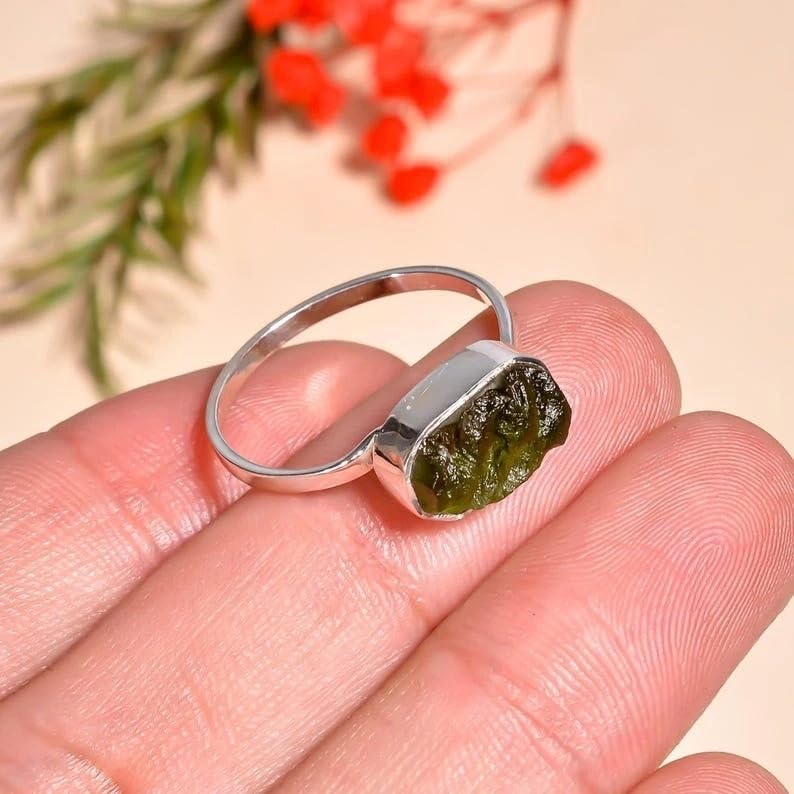 Natural Moldavite Rough Ring for Women – Authentic Czech Raw Crystal – 925 Sterling Silver Handmade Jewelry – Boho Engagement Ring – Healing Gemstone Statement Ring Gift for Her3