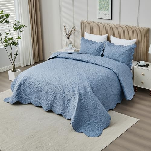 Image of Oversized California King Bedspreads 120x120 for Extra Tall Split Cal King Bed Lightweight Quilted Coverlet Set 3 Pieces 1 Quilt 2 Pillow Shams Faded Denim