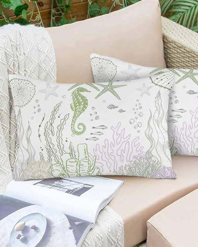Boanket Lumbar Pillow Covers 12 x 20 In, Sage Green Coastal Waterproof Throw Pillow Cover Set of 2, Nautical Summer Beach Starfish Coral Home Decorative Rectangle Cushion Covers for Patio/Couch/Garden