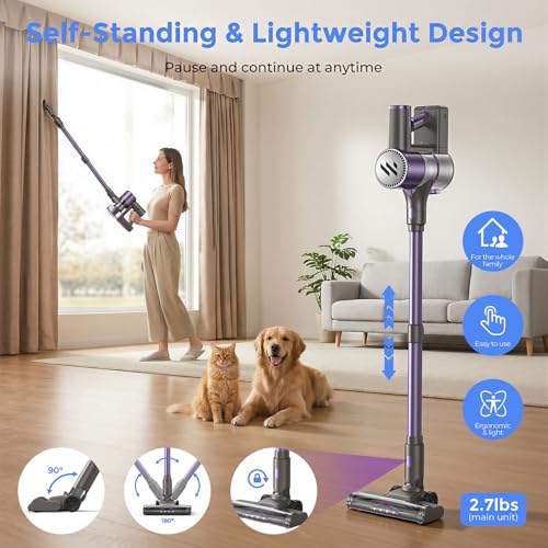 Image of Vacuum Cleaners for Home,Cordless Vacuum Cleaner,Lightweight Stick Vacuum Cordless Rechargeable,Self-Standing Design,LED Touch Screen,Vacuum for Hardwood Floors,Carpet,Pet Hair(Mulberry Purple)