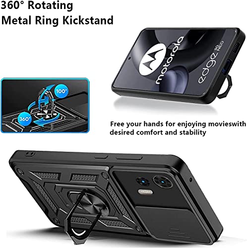 Image of Heavy Duty Back Case Cover for Moto Edge 20 Fusion 5G, Shockproof Moto Edge 20 Fusion Back Cover, Ring Case with Kickstand and Camera Protection Shutter - Black