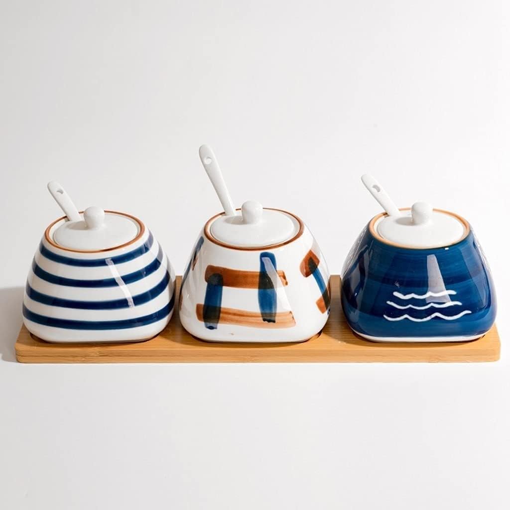 Salt and Sugar Container Sets Ceramic Condiment Container Set Sugar Tank Set Sugar Bowl with Lid Home Seasoning Pot Kitchen Seasoning Kitchen Counter Accessory,3pcs
