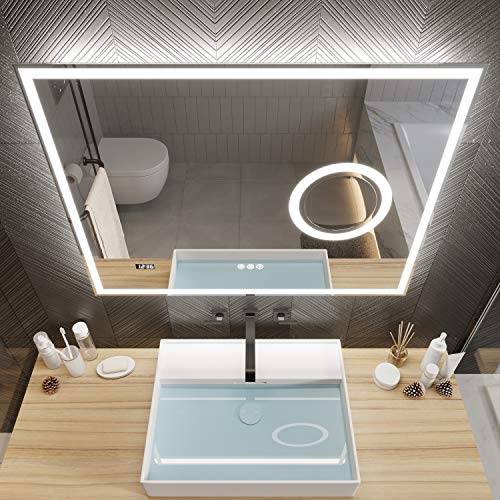 PetusHouse 36 X 28 Inch LED Lighted Smart Bathroom Mirror, Bluetooth Speaker and 5.5 Inch 3X Lighted Magnifier, Wall Mounted White Light Backlit Dimmable Anti-Fog Time Display CRI>90, Horizontally